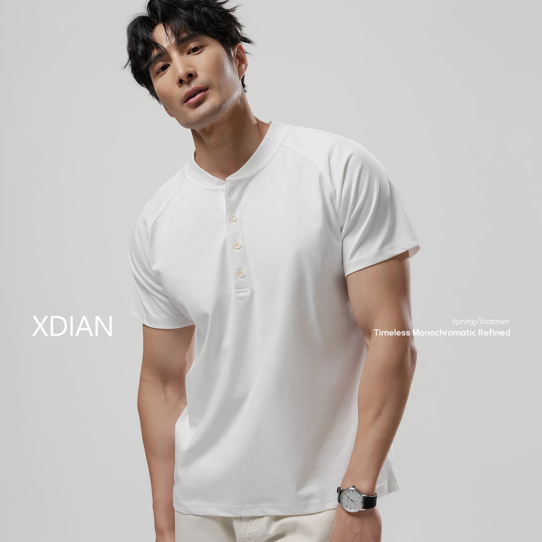 XDIAN/续点短袖T恤男240G索罗纳凉感速干美式复古亨利领夏季宽松