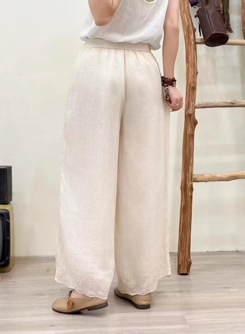宽松高腰复古透气文艺苎麻休闲裤休闲松紧腰新中式阔腿裤刺绣