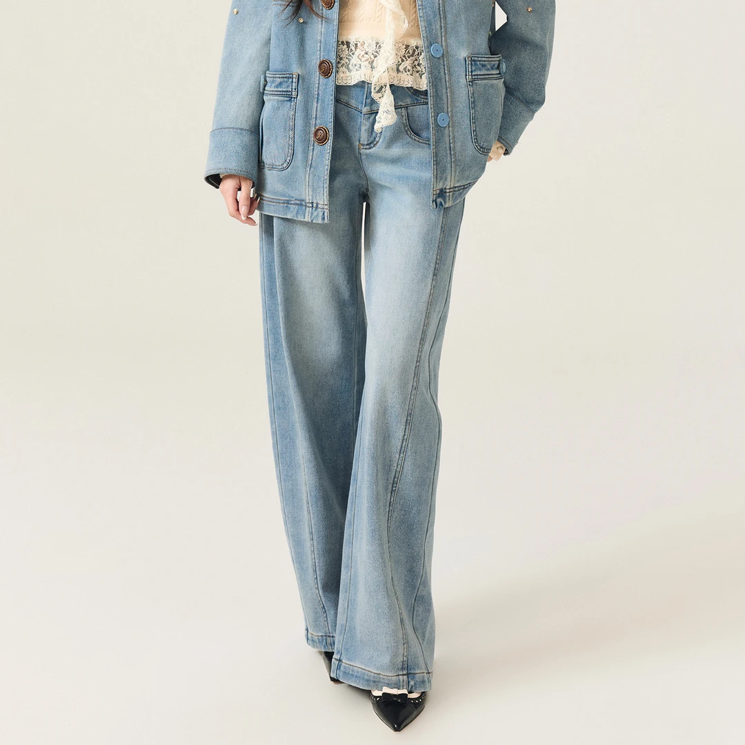 lefame拉飞姆2025冬季新款时尚复古做旧磨白香蕉裤阔腿牛仔长裤