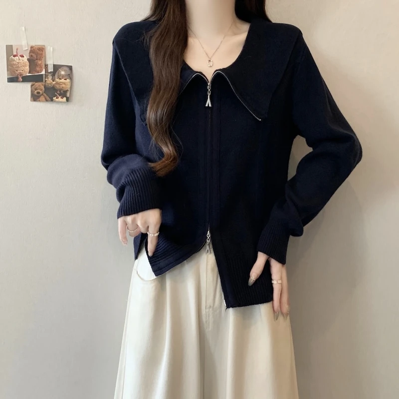 藏青色海军领正肩针织开衫女2025秋冬大码胖mm双拉链毛衣外套上衣