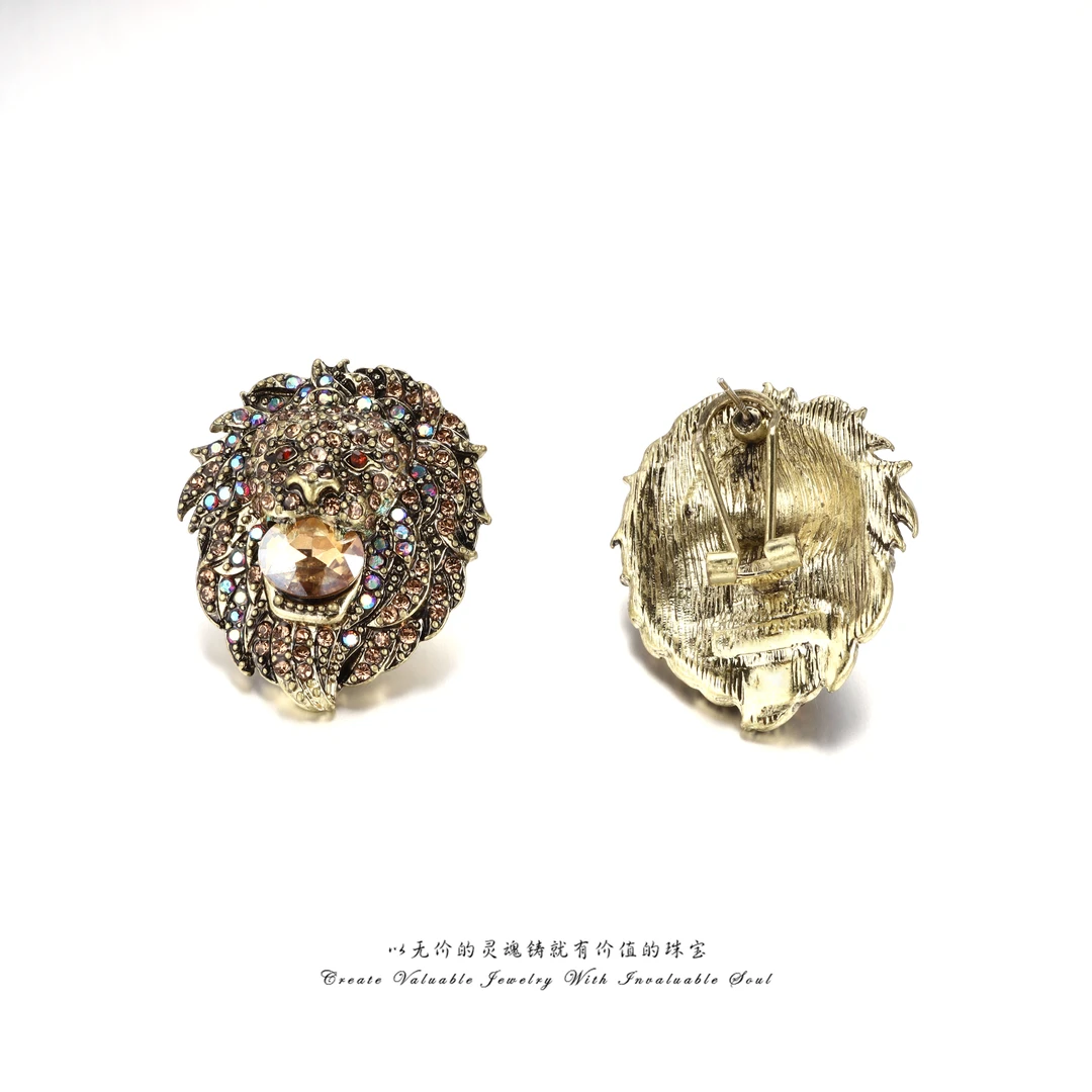 铜合金锆石耳饰 欧美高级感金色个性雄狮中古耳环耳饰 XMVC-22287
