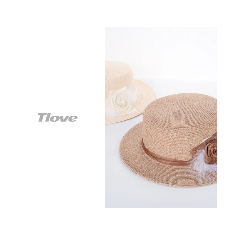 6933帽子遮阳帽夏天时尚盆帽平顶法式夏季前进帽花朵优雅草帽