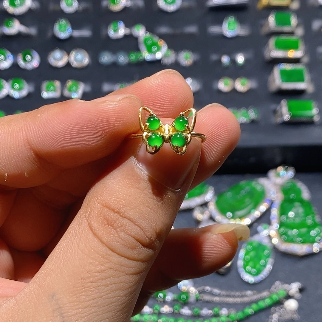 翡翠银S925镀金镶嵌戒指