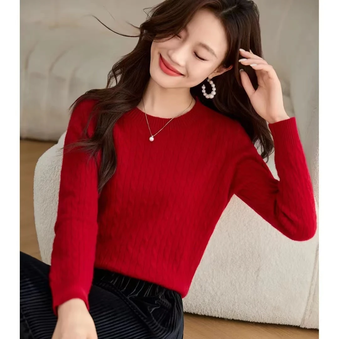 女式100%绵羊毛加厚纯色绞花针织衫2460