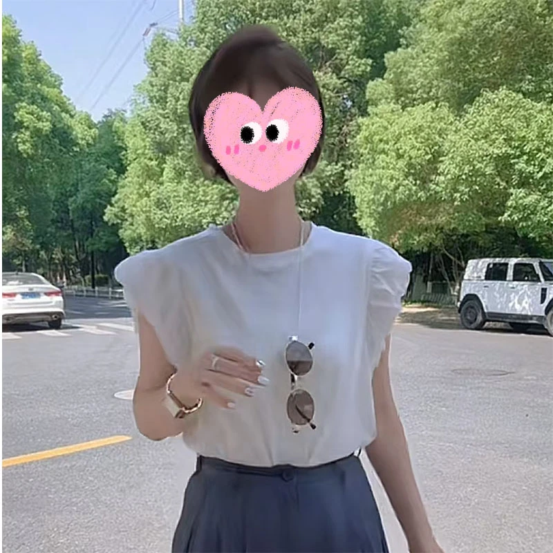 时尚洋气圆领后背蕾丝镂空无袖T恤女夏季新款显瘦百搭小飞袖上衣