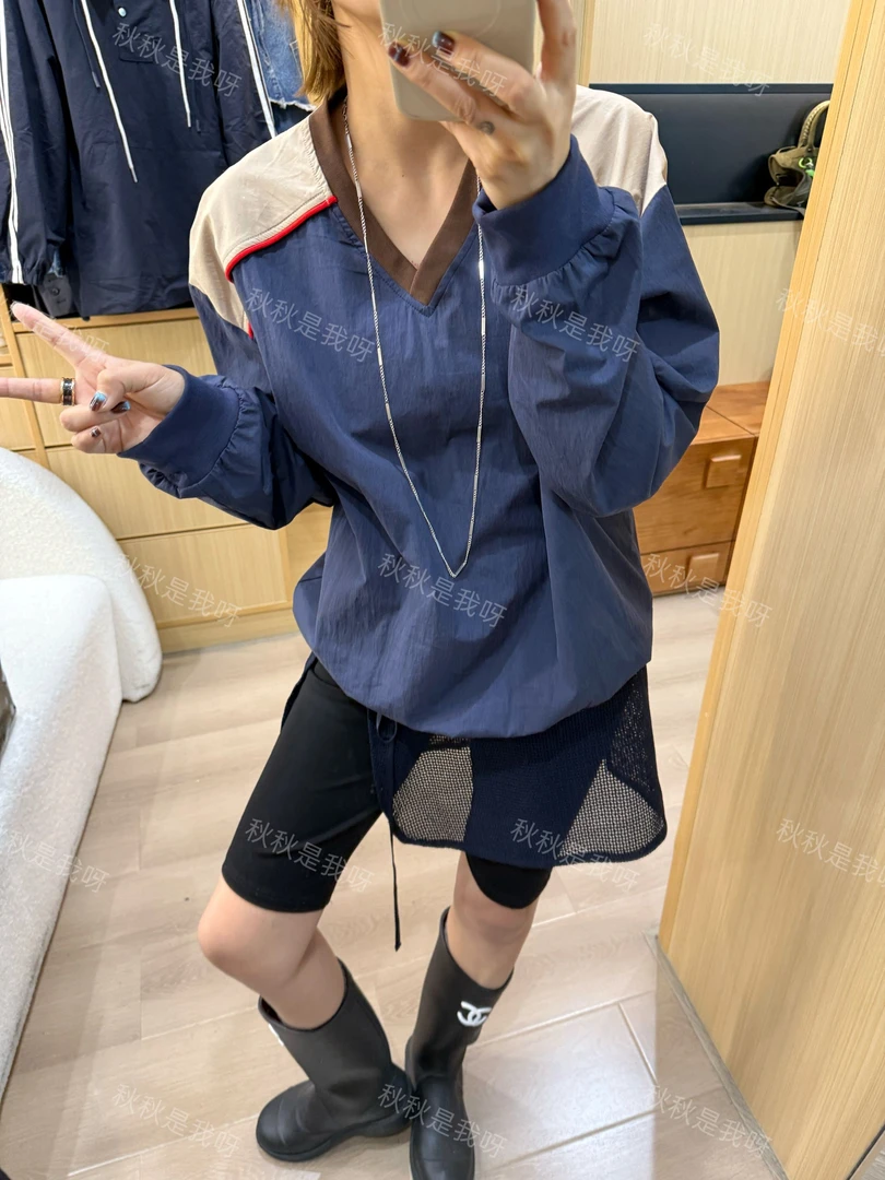 MING.DONG【卫衣】早秋薄款卫衣.V领冷高级拼色.韩版宽松洋气穿搭女
