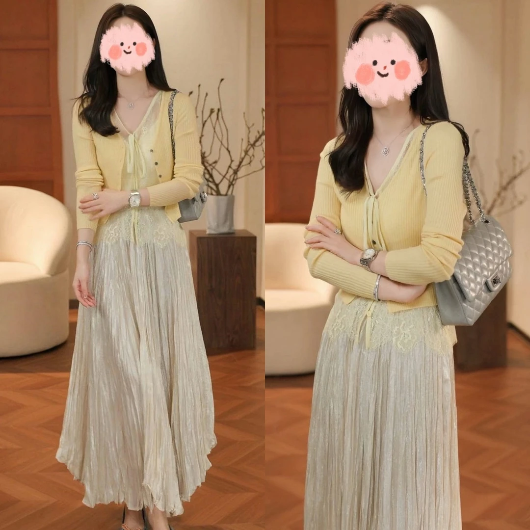 2025春季新款高级感小香风蕾丝背心显瘦针织开衫女百搭半身裙套装