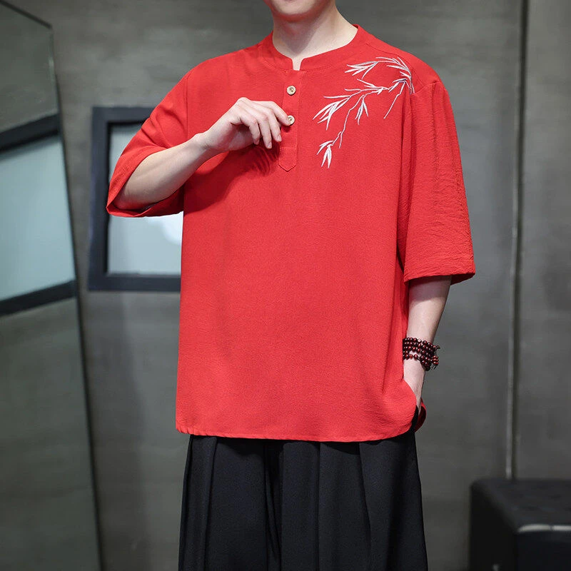 夏季冰丝速干T恤男短袖中国风竹叶刺绣唐装上衣大码宽松垂感半袖