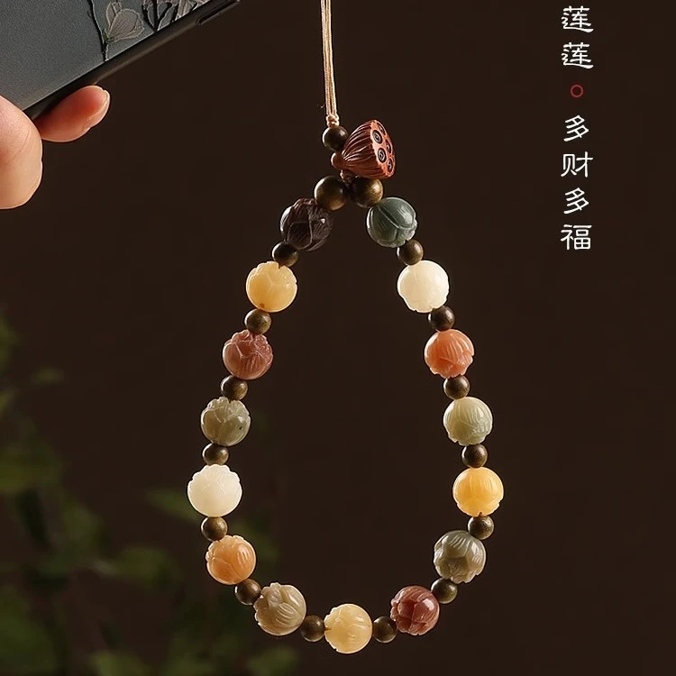 莲花菩提雕刻绿檀手机链手腕挂饰中国风好运招财装饰