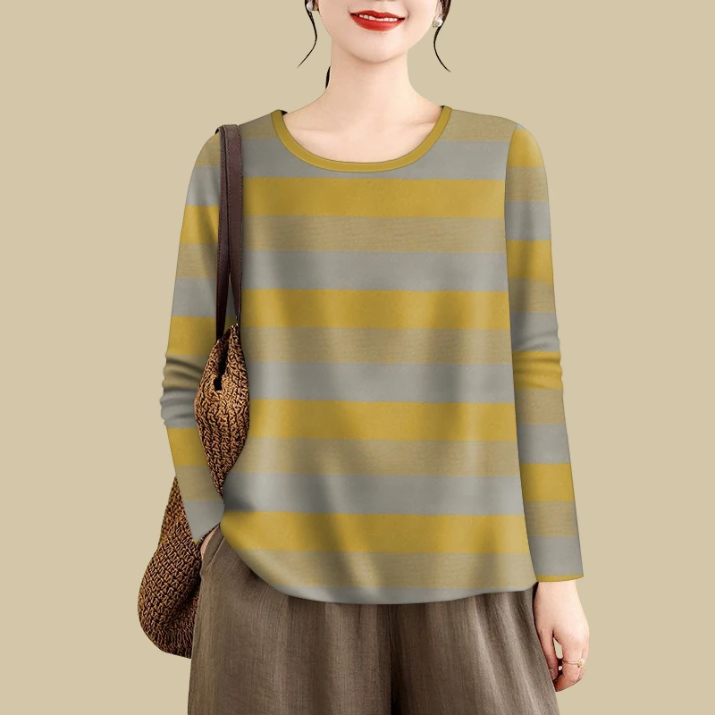 【活动价】春秋款条纹长袖t恤女大码宽松遮肚显瘦圆领打底上衣时尚