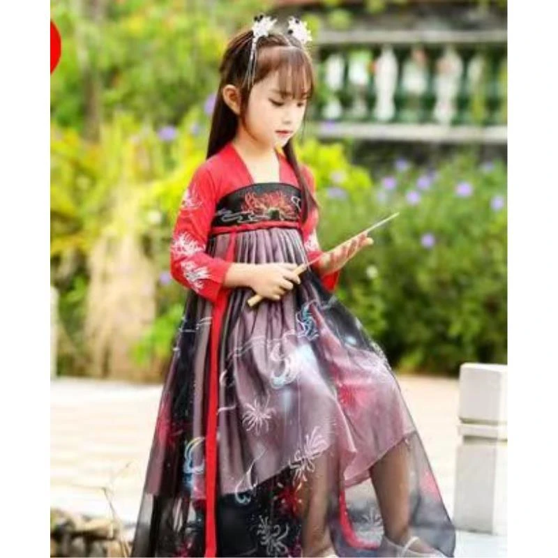 2112女童红色长袖胸前刺绣花汉服裙