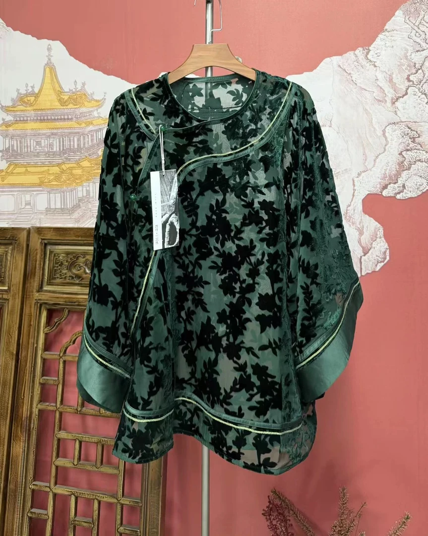 卿风230753夏季新款植绒国风新中式偏襟太太服上衣二大衫