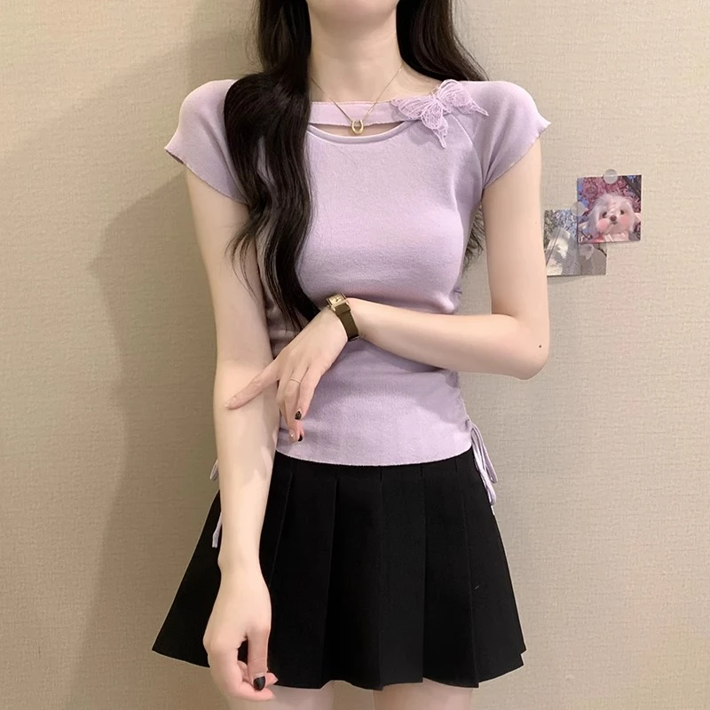 法式气质紫色短袖上衣夏季新款小香风立体蝴蝶侧边抽绳褶皱针织衫