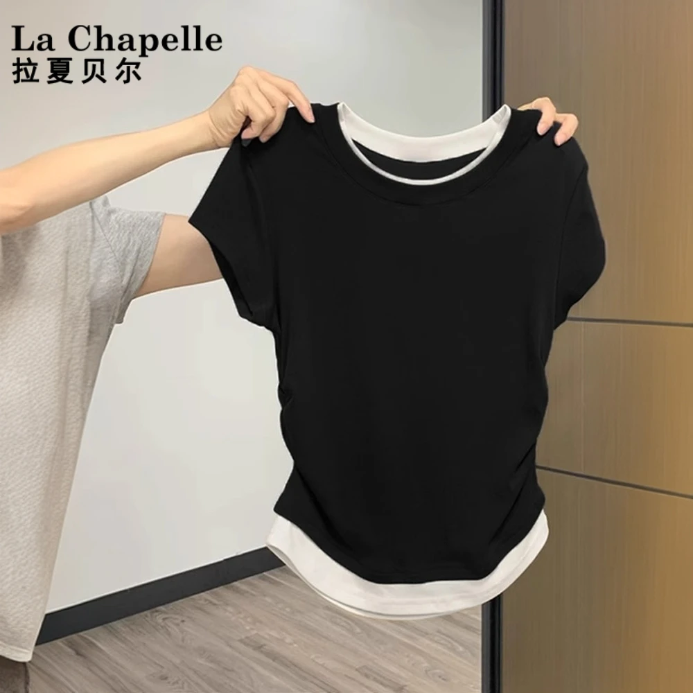 拉夏贝尔圆领假两件短袖t恤女夏季新款拼接撞色褶皱收腰修身上衣