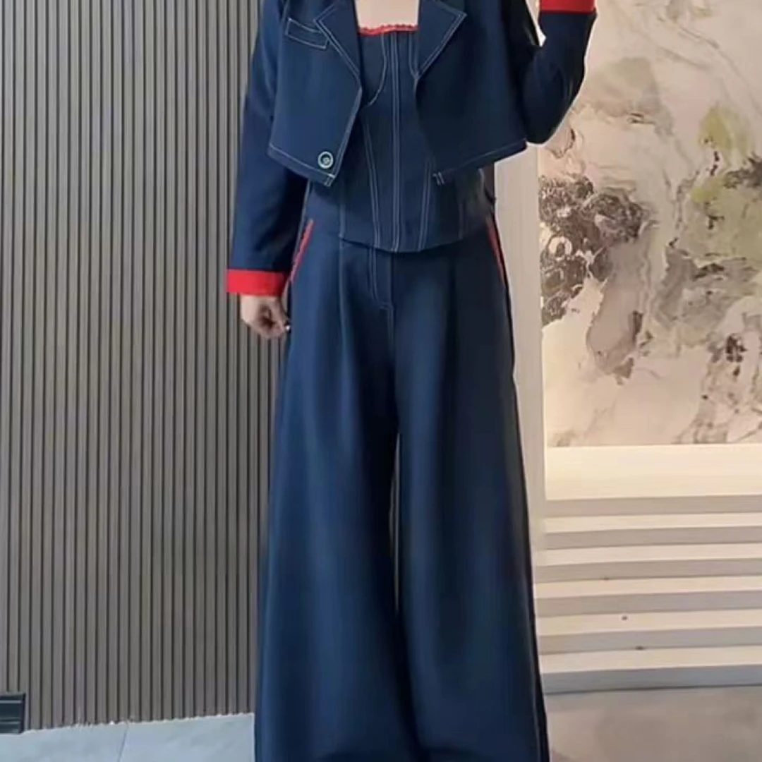 【安心推荐】拼接花边领收腰吊带外披阔腿裤胖mm2025秋季新款显瘦