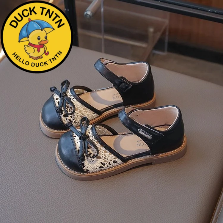 小黄鸭正品女童镂空蝴蝶结甜美公主鞋2025夏季新款小女孩韩版复古