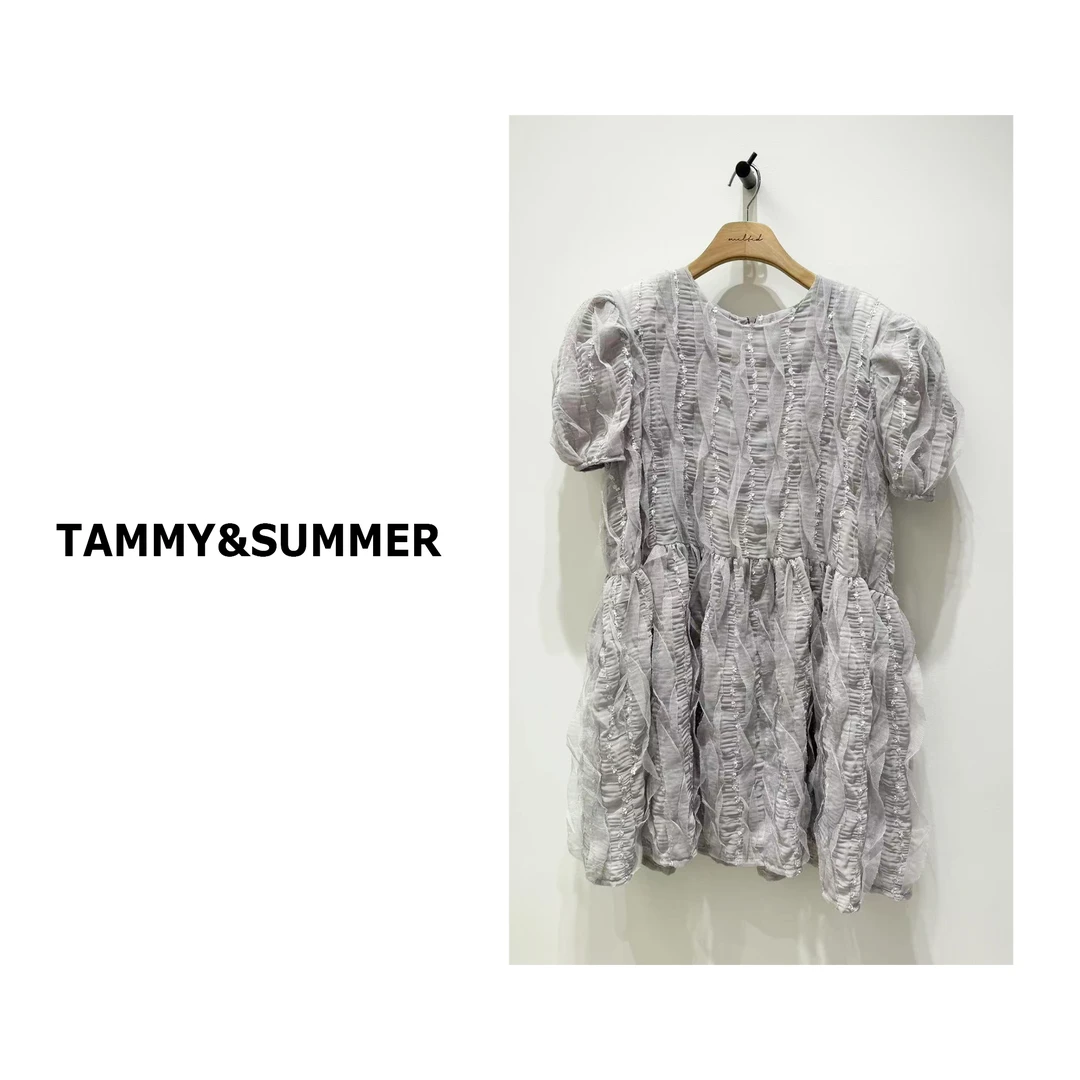 【Tammy&Summer】韩系气质百搭圆领压褶蕾丝泡泡袖短袖连衣裙250032