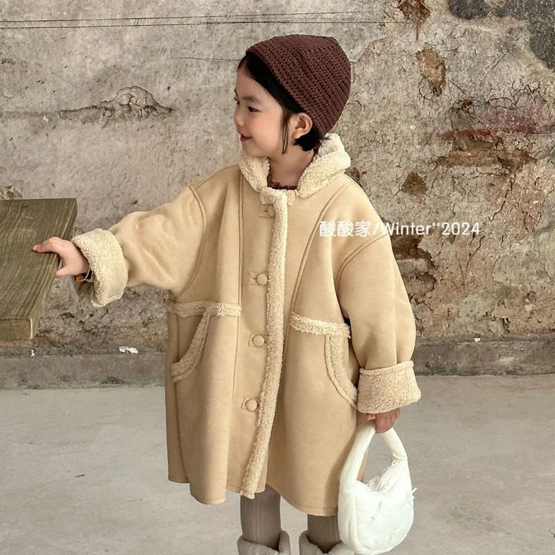 女童韩系加厚皮毛一体大衣冬季新品女宝宝宽松中长款加绒外套时髦