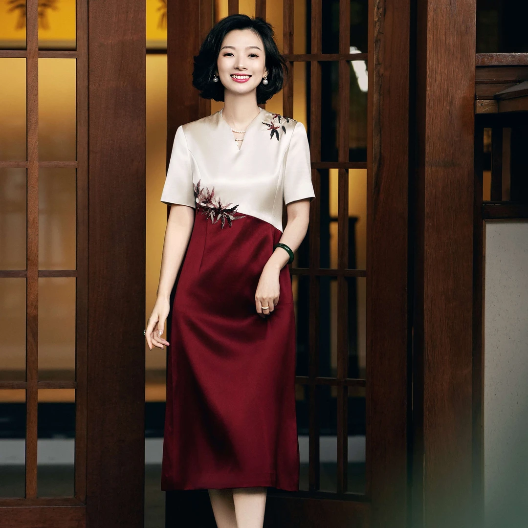 西子/【红意东方】重磅醋酸竹叶刺绣红杏拼接喜妈妈连衣裙/CQTJ018