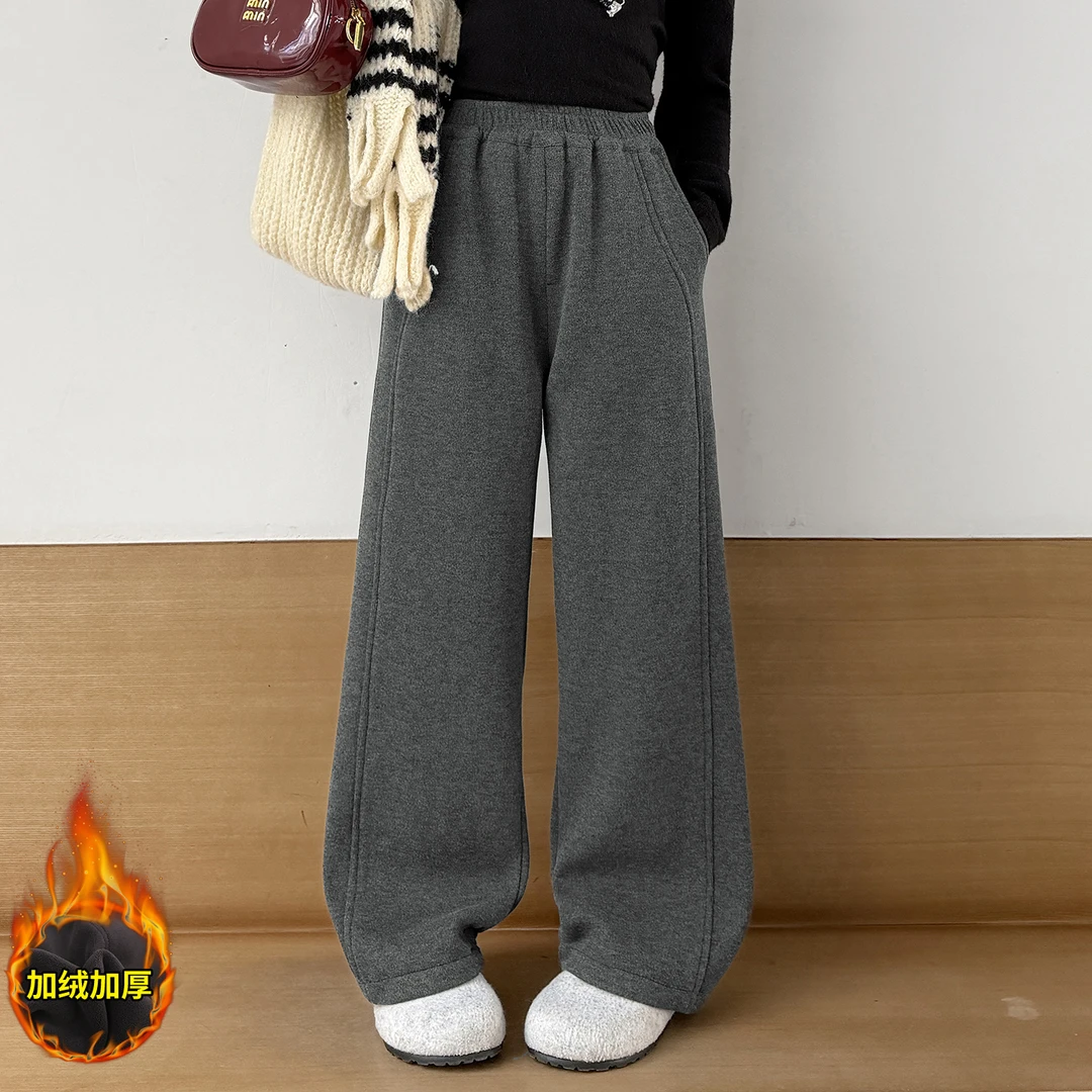 女童裤子秋冬新款6-12岁裤子儿童加绒加厚休闲裤直筒阔腿裤中大童