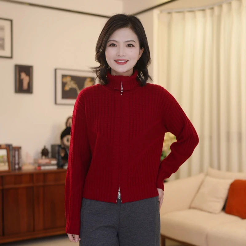 枫竺女装阿楠anan纯羊毛新年红立领拉链针织衫长袖毛衣外套女冬季