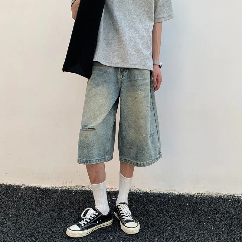 夏季破洞牛仔短裤男生2025新款美式高街潮牌休闲宽松直筒五分裤子