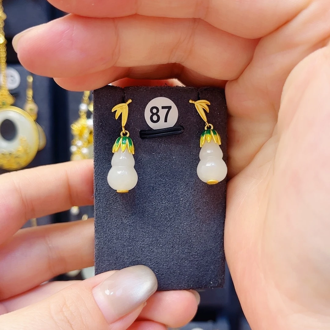 和田玉银S925镀金镶嵌耳饰