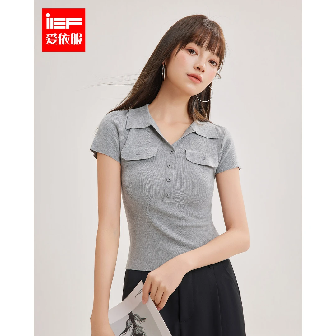 IEF/爱依服2025新款夏季休闲风短袖显瘦纯色洋气毛织上衣流光风