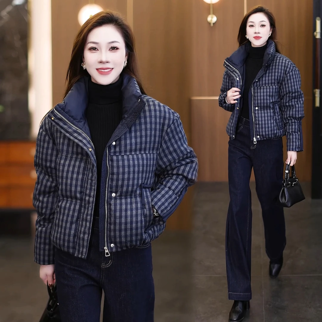 时尚格纹立领棉服女新款冬季设计感加厚面包服小个子休闲棉衣外套