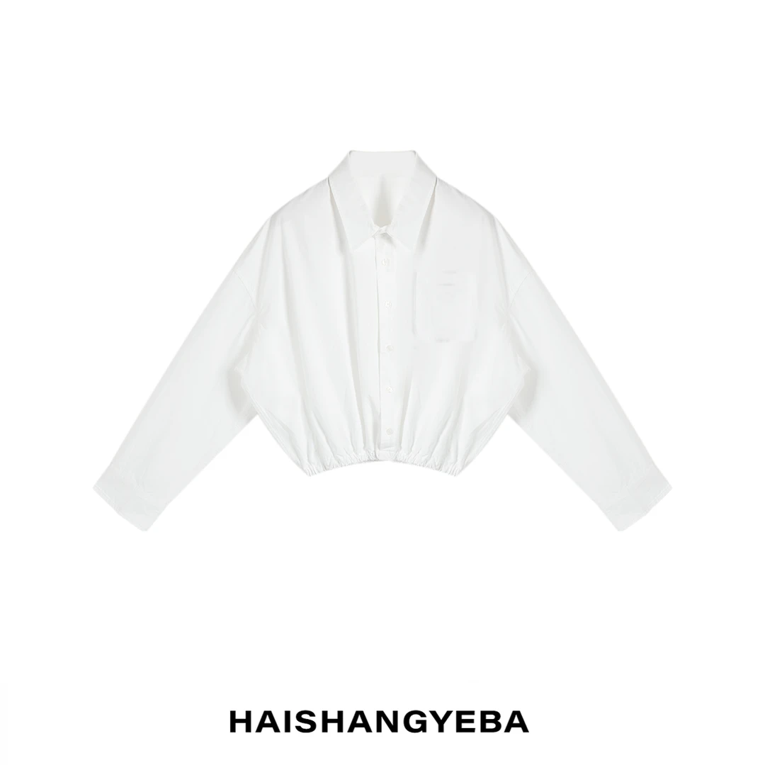 【海上叶爸】新款2025春夏百搭棉翻领宽松下摆松紧短款衬衫