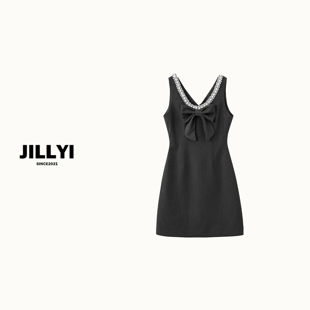 jillyi【珍珠晚宴】深灰色U型领口大蝴蝶结装饰典雅轻奢连衣裙