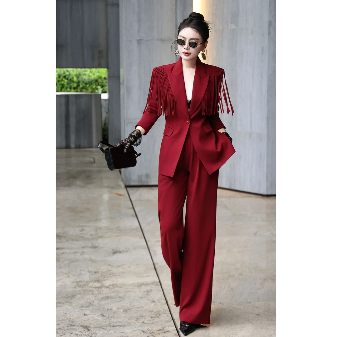 欧美风秋冬新款显瘦女爆款洋气气质V领西装阔腿裤红色套装两件套