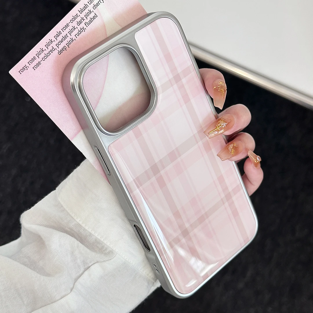少女格纹适用苹果16手机壳iphone14promax滴胶13电镀银边15简约11
