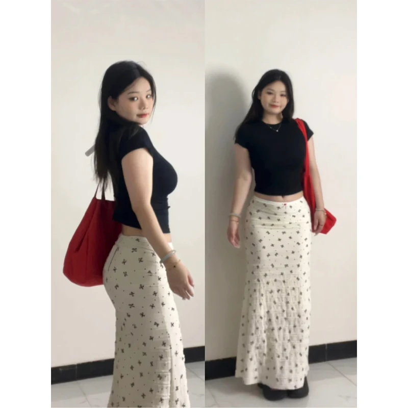 白色步步生莲鱼尾半身裙女夏季蝴蝶结印花蕾丝碎花包臀长裙子辣妹