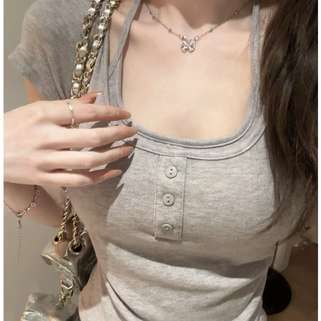 夏季纯绵短袖T恤女辣妹修身假两件挂脖系带胸垫打底衫纯色上衣