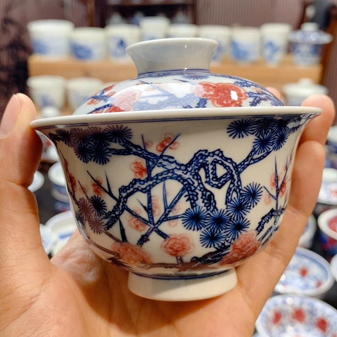 微瑕松竹梅盖碗手绘原矿