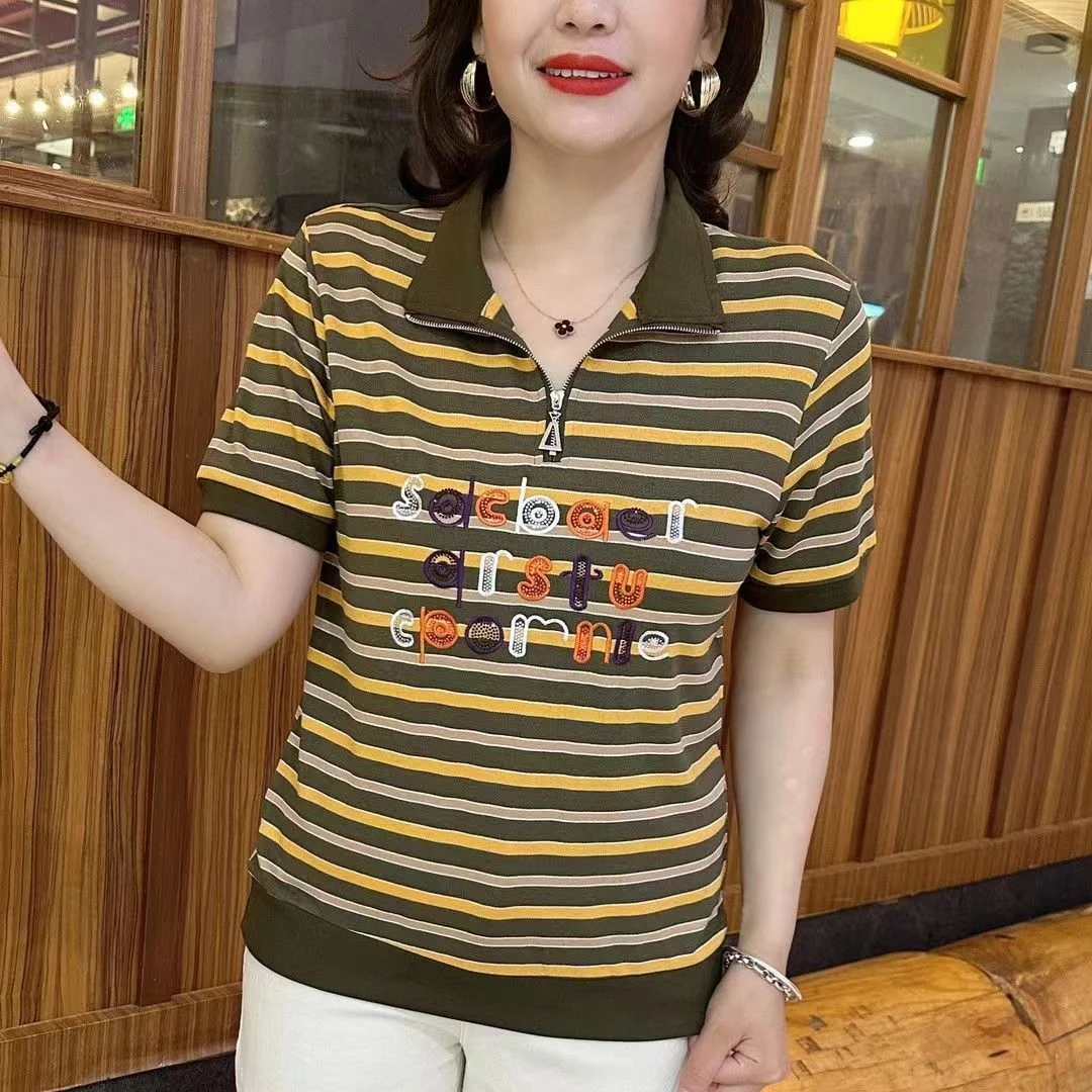 新款气质条纹百搭短袖中老年妈妈装夏季字母刺绣翻领T恤女装上衣