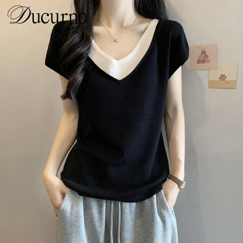 大码女装遮肚子假两件正肩T恤打底衫女夏季胖mm显瘦短袖针织上衣