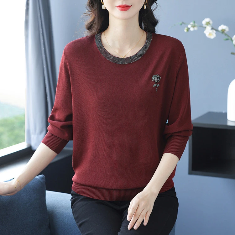 2025春秋季新款韩版圆领镶钻纯色设计感宽松长袖针织衫套头毛衣女