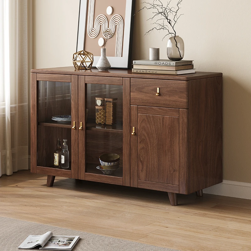 北美黑胡桃木餐边柜客厅边柜实木储物柜玻璃门展示收纳斗柜8275