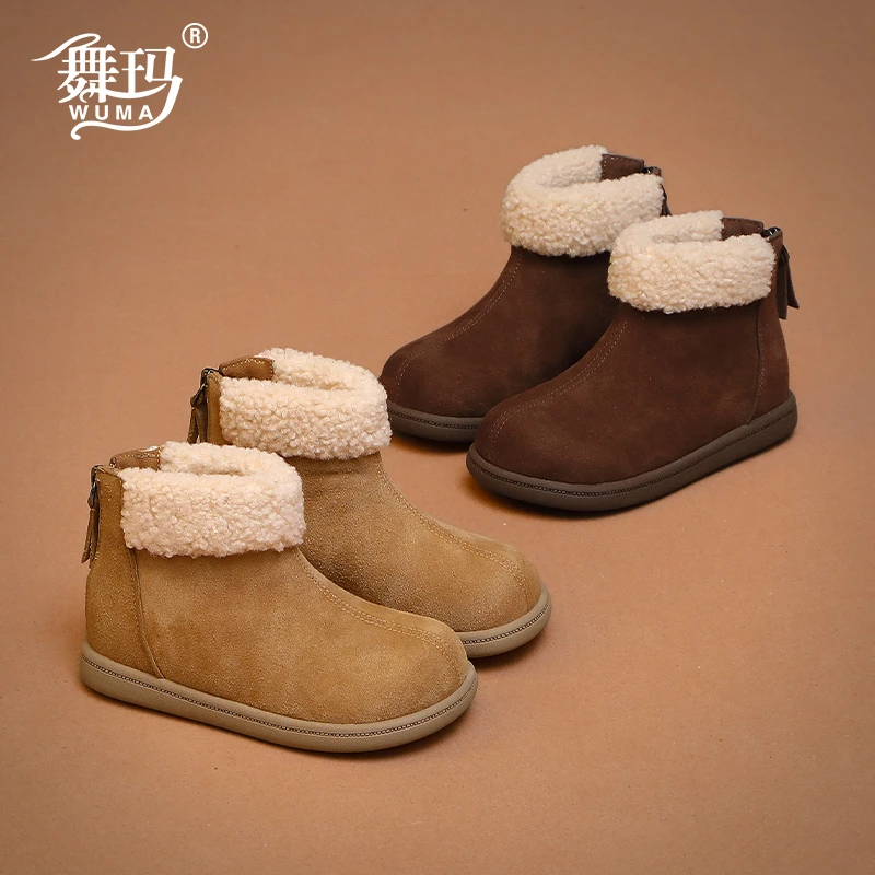 舞玛女童雪地靴儿童短靴2025新款冬季加绒女中大童短筒靴548657