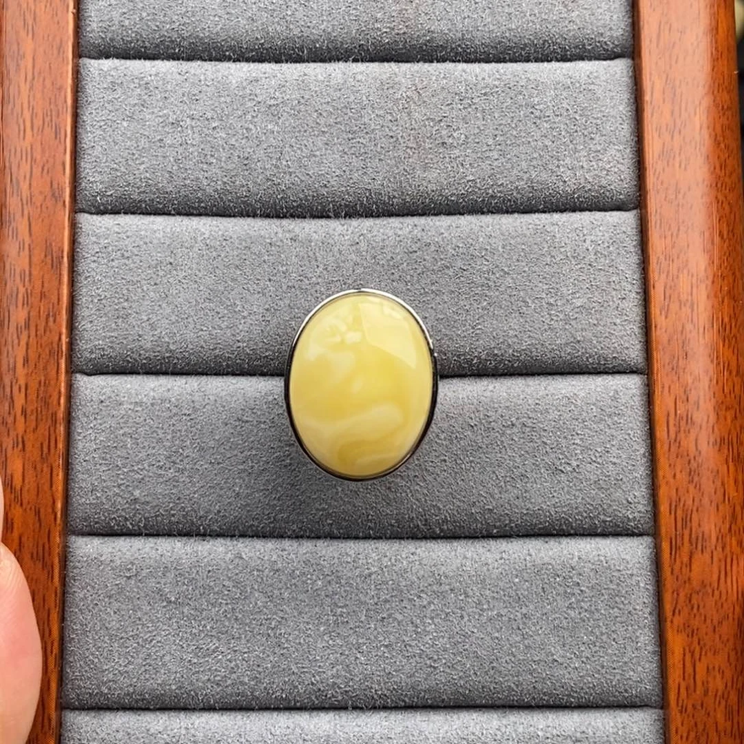 蜜蜡银S925镶嵌戒指白蜡戒指25.20