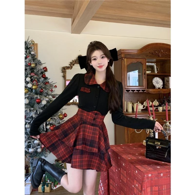 胖mm大码jk制服套装女冬季收腰修身衬衫上衣格子束腰半身裙两件套