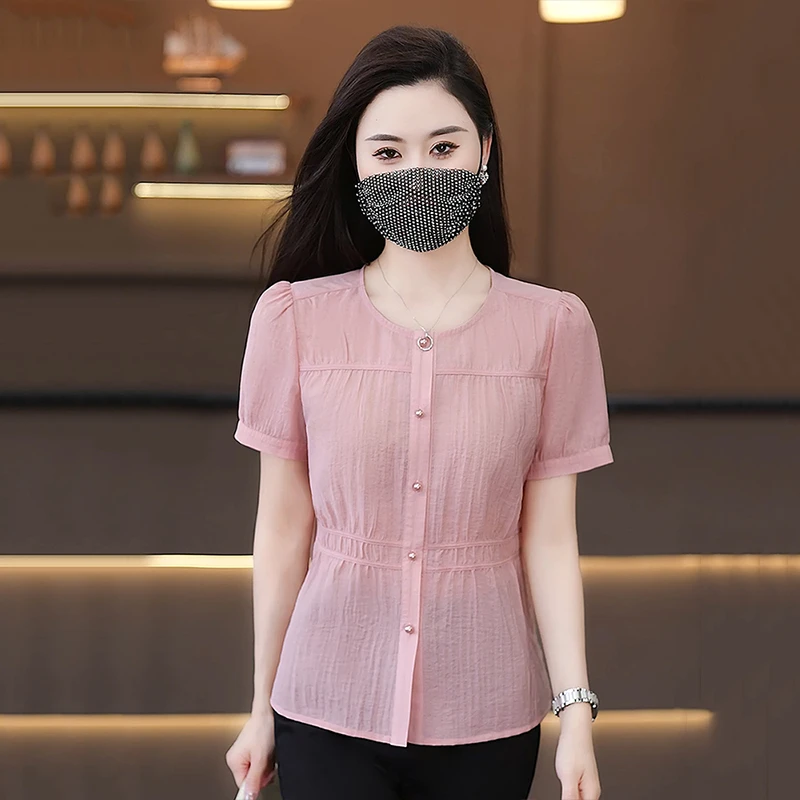 夏季薄款短款防晒衬衫女2025新款小个子收腰修身圆领上衣小衫夏装