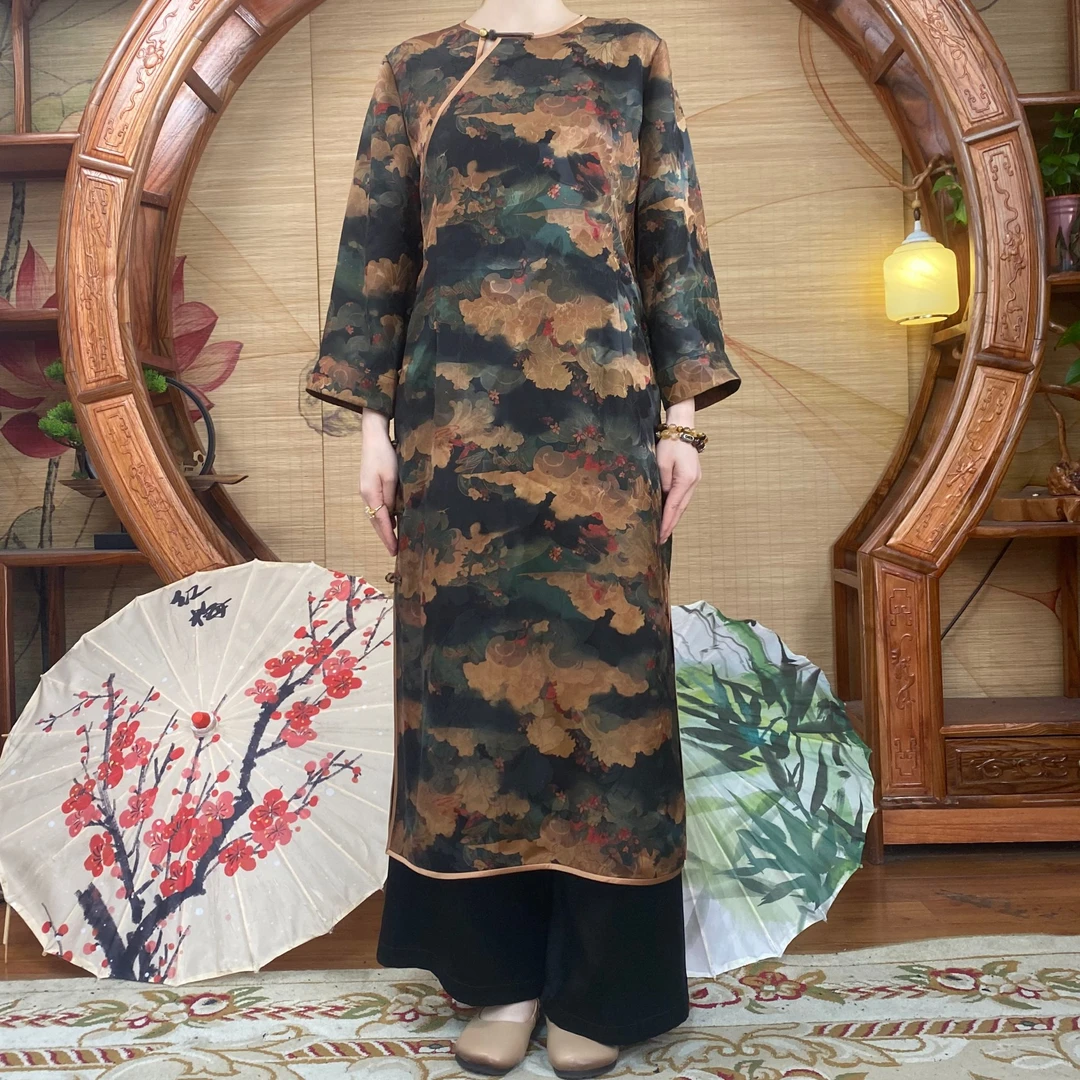 60姆米棕底祥云香云纱袍子100桑蚕丝香云纱面料缝制中国风