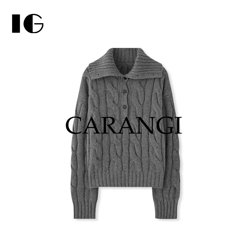 CARANGI品牌- 100%绵羊毛老钱立体粗针织排扣绞花毛衣IG26628