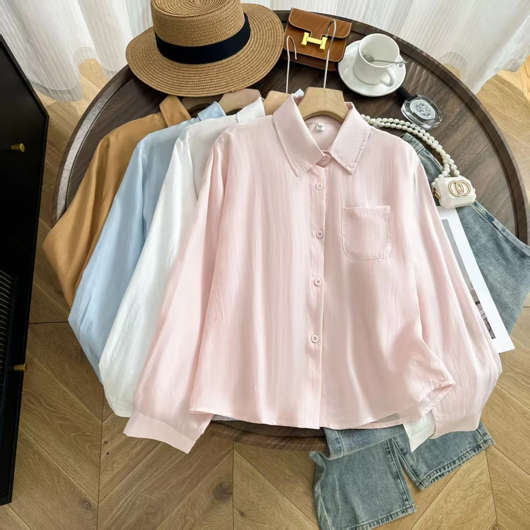 2025小个子秋季百搭薄款纯色衬衣莱赛尔女款防晒开衫衬衣