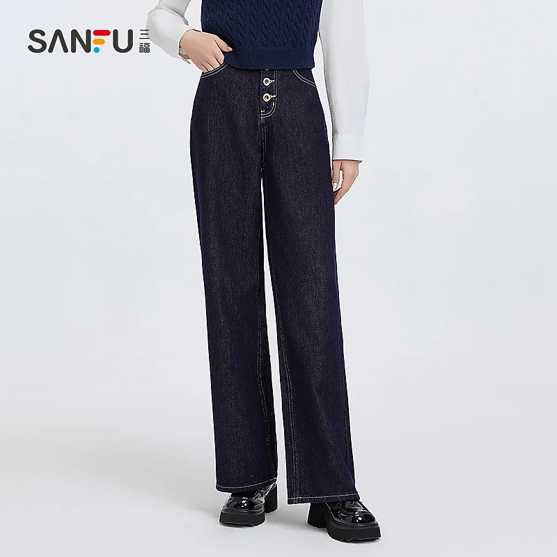 三福牛仔长裤2025春季口袋设计阔腿裤复古裤子女装498084