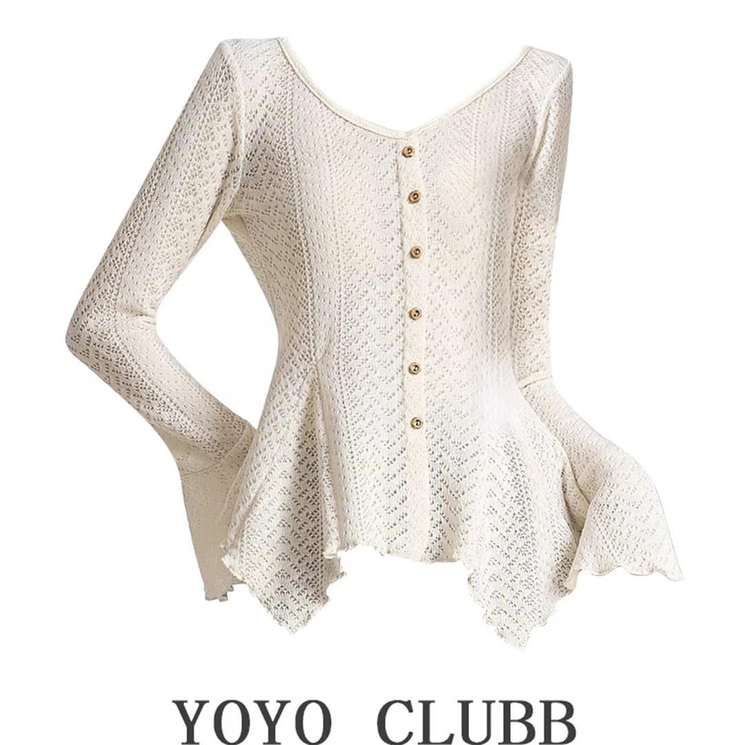 早秋新款大码女装纯欲风镂空设计感针织衫显瘦遮肚子荷叶边喇叭袖