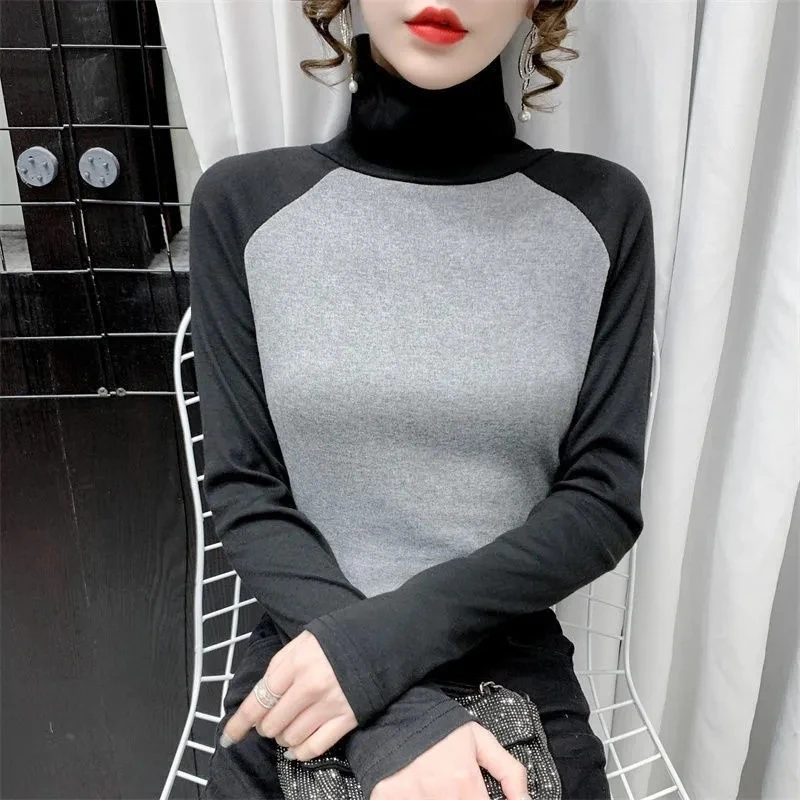 拼接色显瘦收腰内搭打底衫长袖秋冬季新款百搭高领上衣双面德绒T